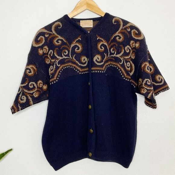 Vintage 90’s Pendleton navy blue short sleeve cardigan sweater XL filigree - Picture 1 of 10